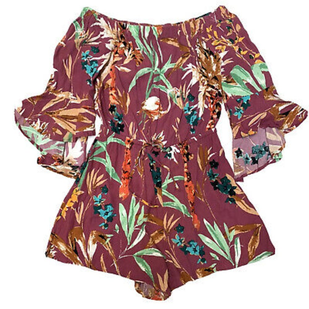 Express Tropical Off Shoulder Ruffle Rompe…